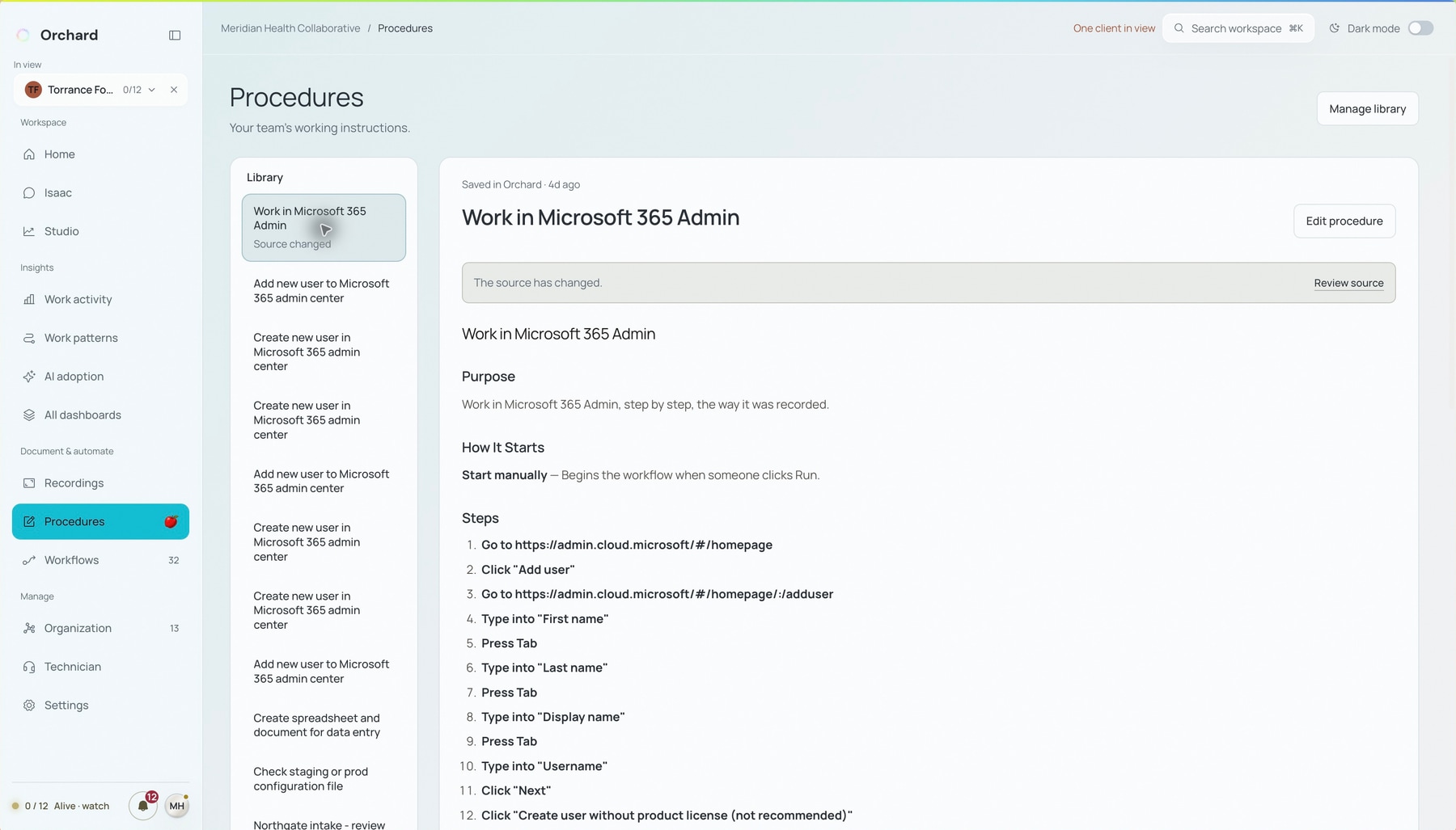 Live procedure editor with a draft Microsoft 365 user-setup procedure and source review status