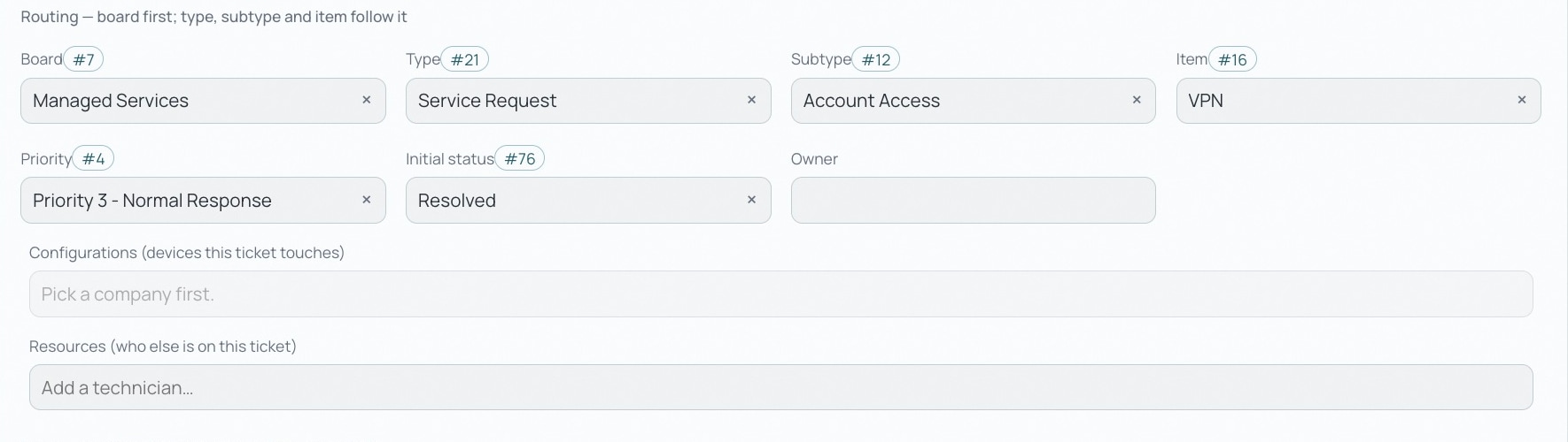 Technician draft routing fields for a sample VPN service request, including board, type, subtype, priority and status