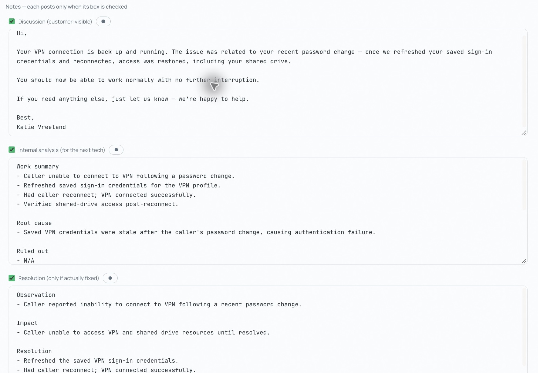 Technician: documentación de tickets con revisión humana. Ejemplo ilustrado 3.